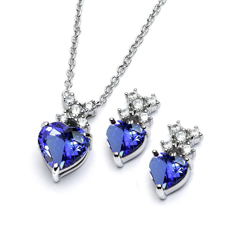 Silver 925 Rhodium Plated Clear Round & Birthstone Heart CZ Stud Earring and Necklace Set - BGS00399