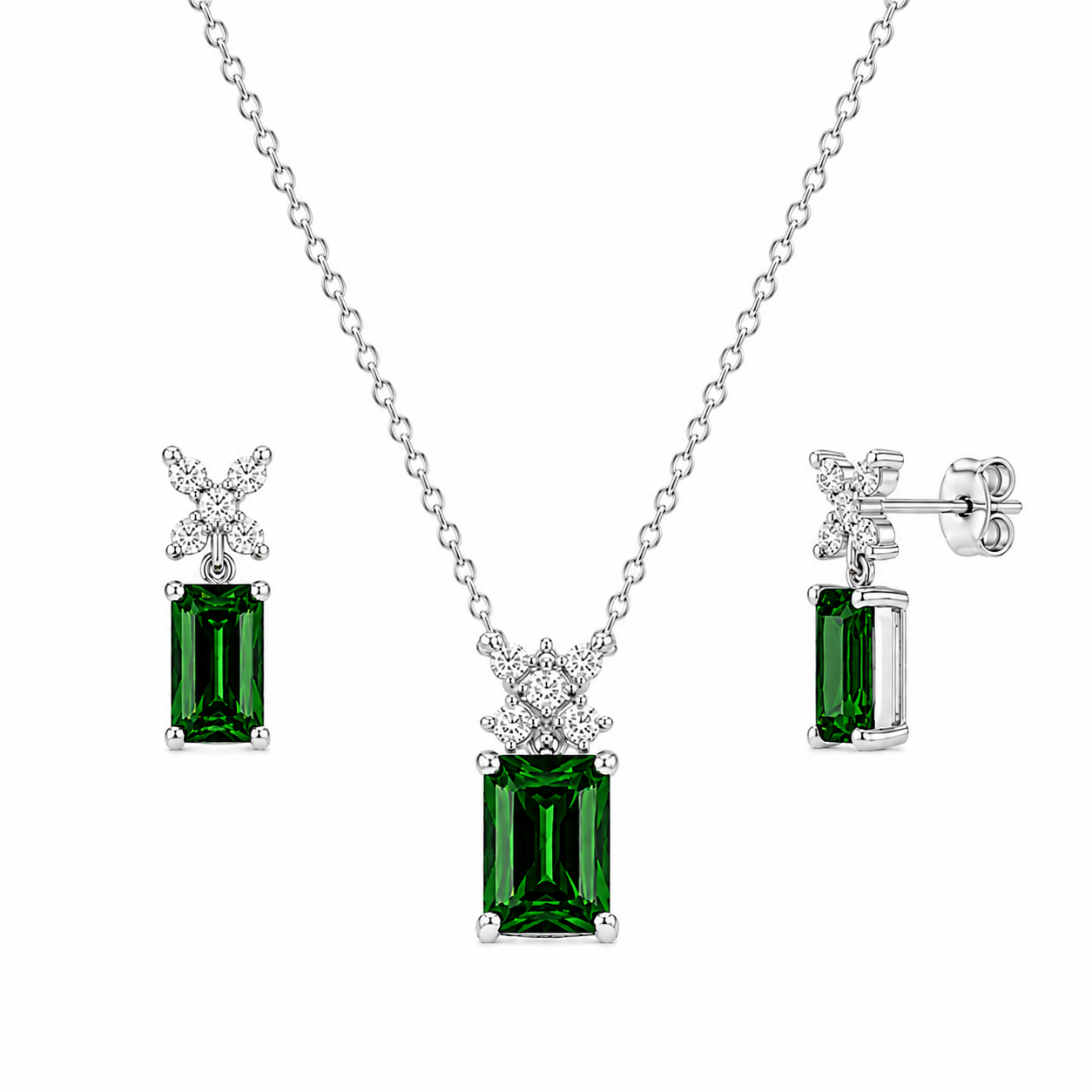 Rhodium Plated 925 Silver Clear Round & Birthstone Rectangle CZ Stud Earring and Necklace Set - BGS00400
