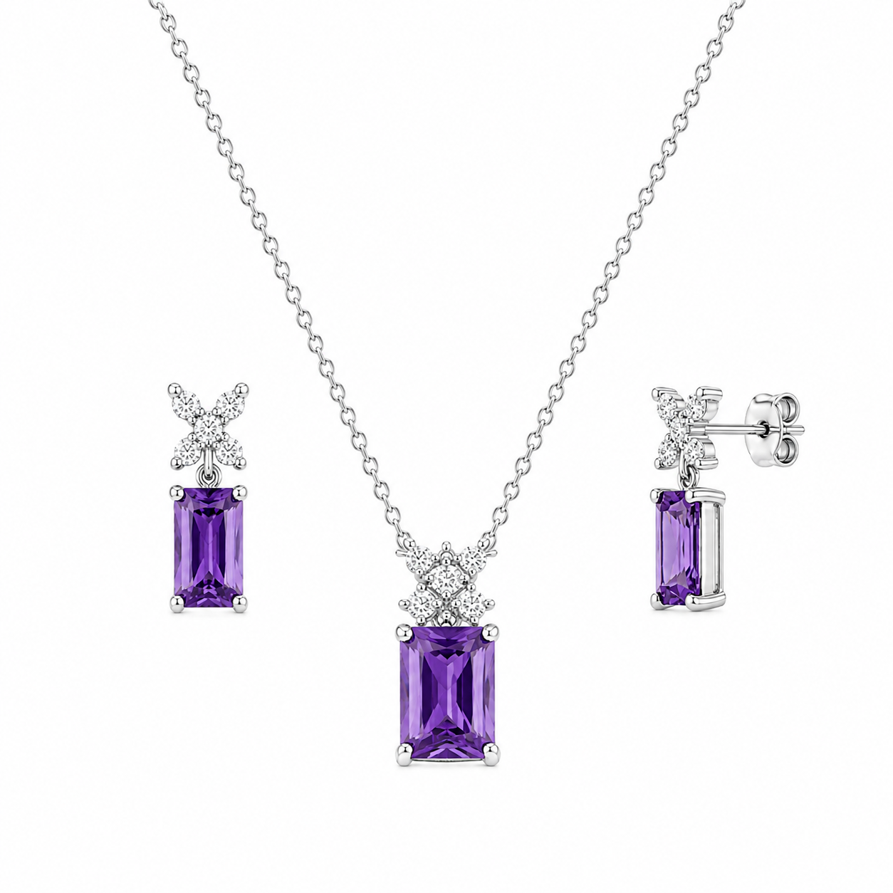 Rhodium Plated 925 Silver Clear Round & Birthstone Rectangle CZ Stud Earring and Necklace Set - BGS00400