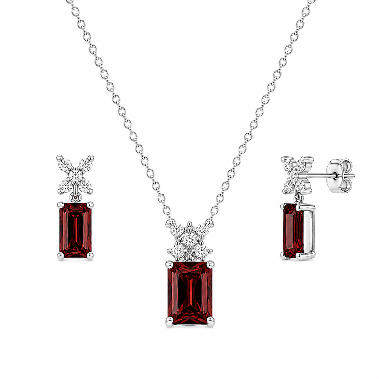 Conjunto de aretes y collar de plata 925 rodiada con circonitas cúbicas transparentes redondas y rectangulares con piedra de nacimiento - BGS00400