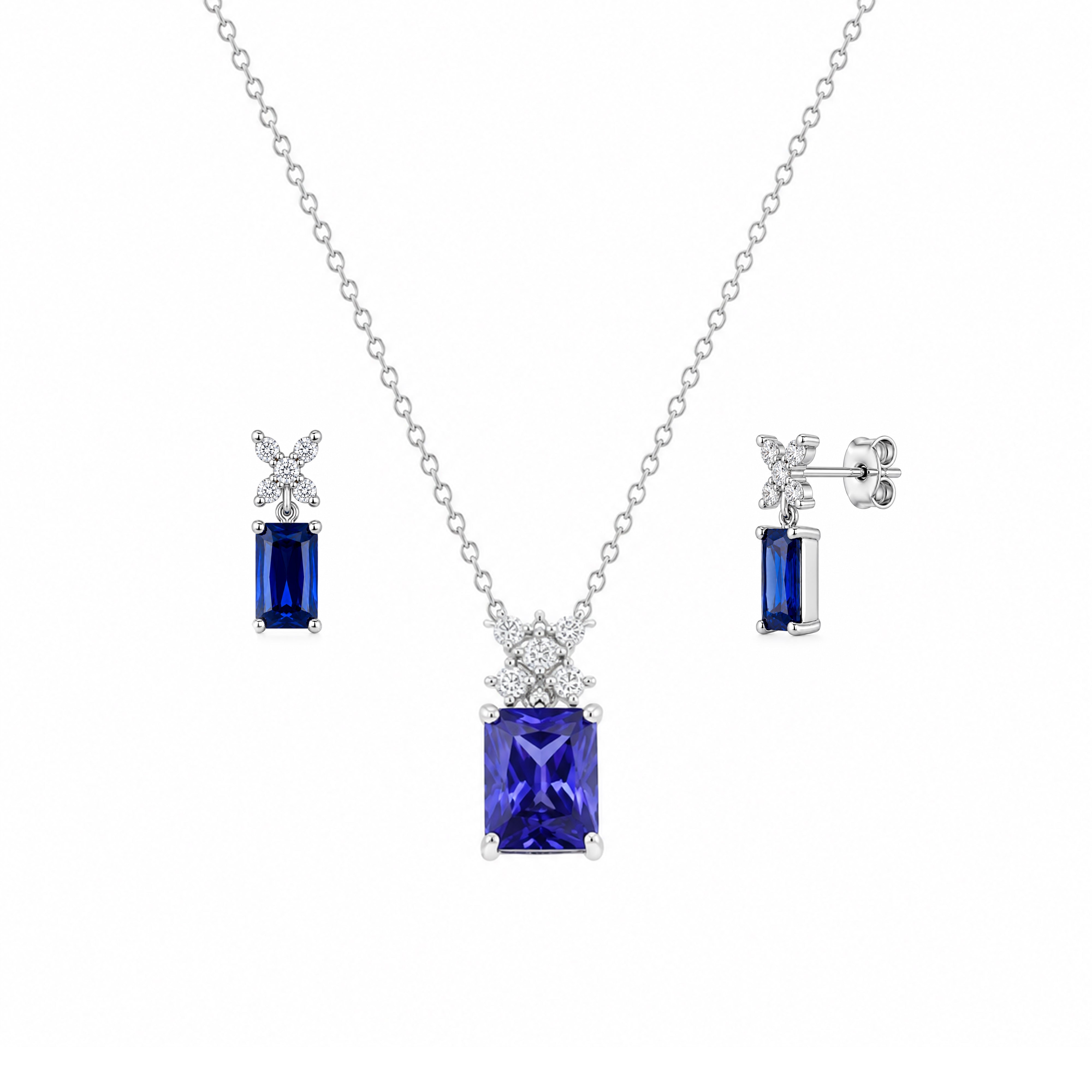 Conjunto de aretes y collar de plata 925 rodiada con circonitas cúbicas transparentes redondas y rectangulares con piedra de nacimiento - BGS00400
