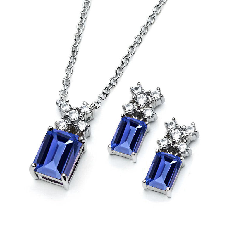 Silver 925 Rhodium Plated Clear Round & Birthstone Rectangle CZ Stud Earring and Necklace Set - BGS00400