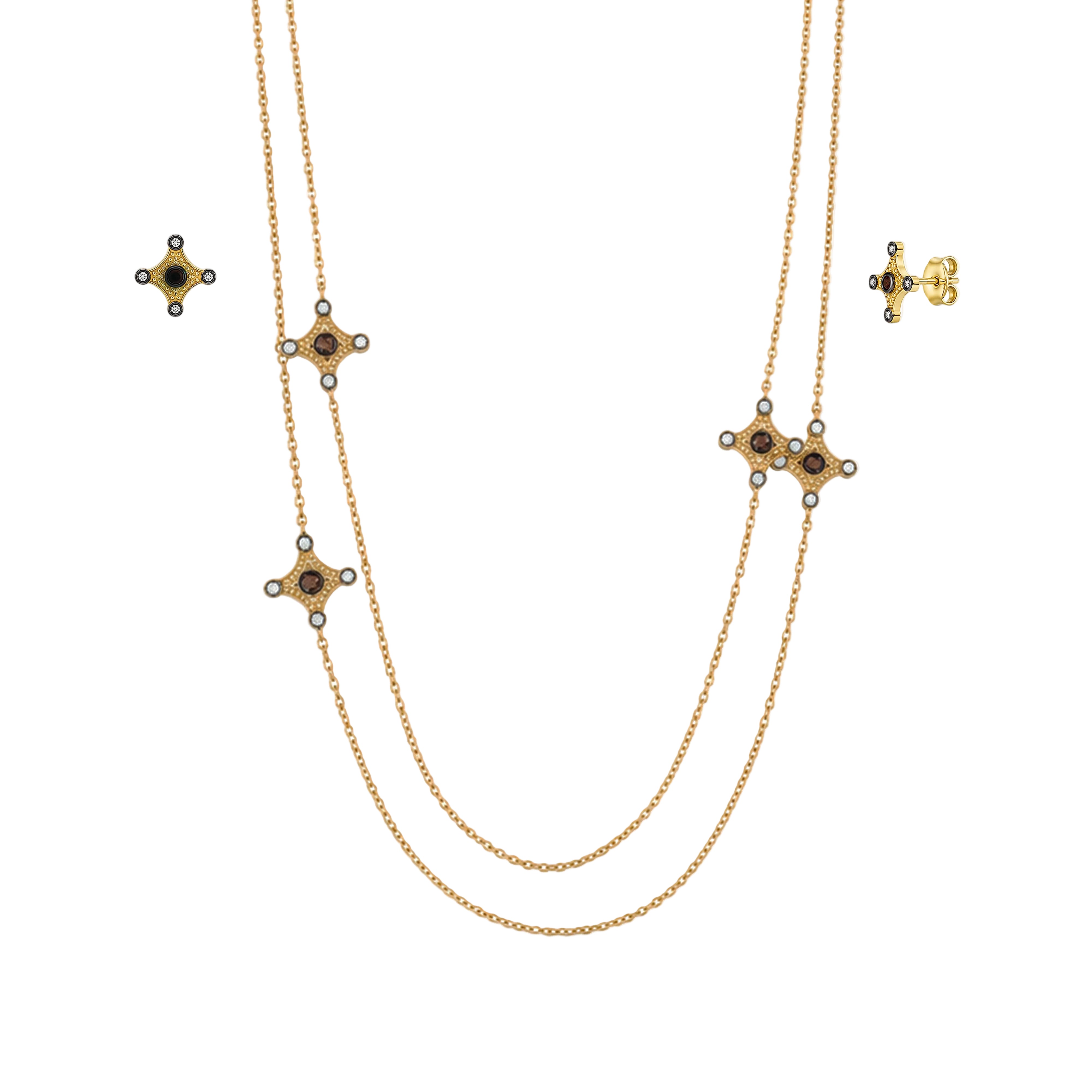 Juego de collar y aretes con circonita cúbica en forma de cruz transparente y champán chapado en 2 tonos en plata 925 - BGS00424