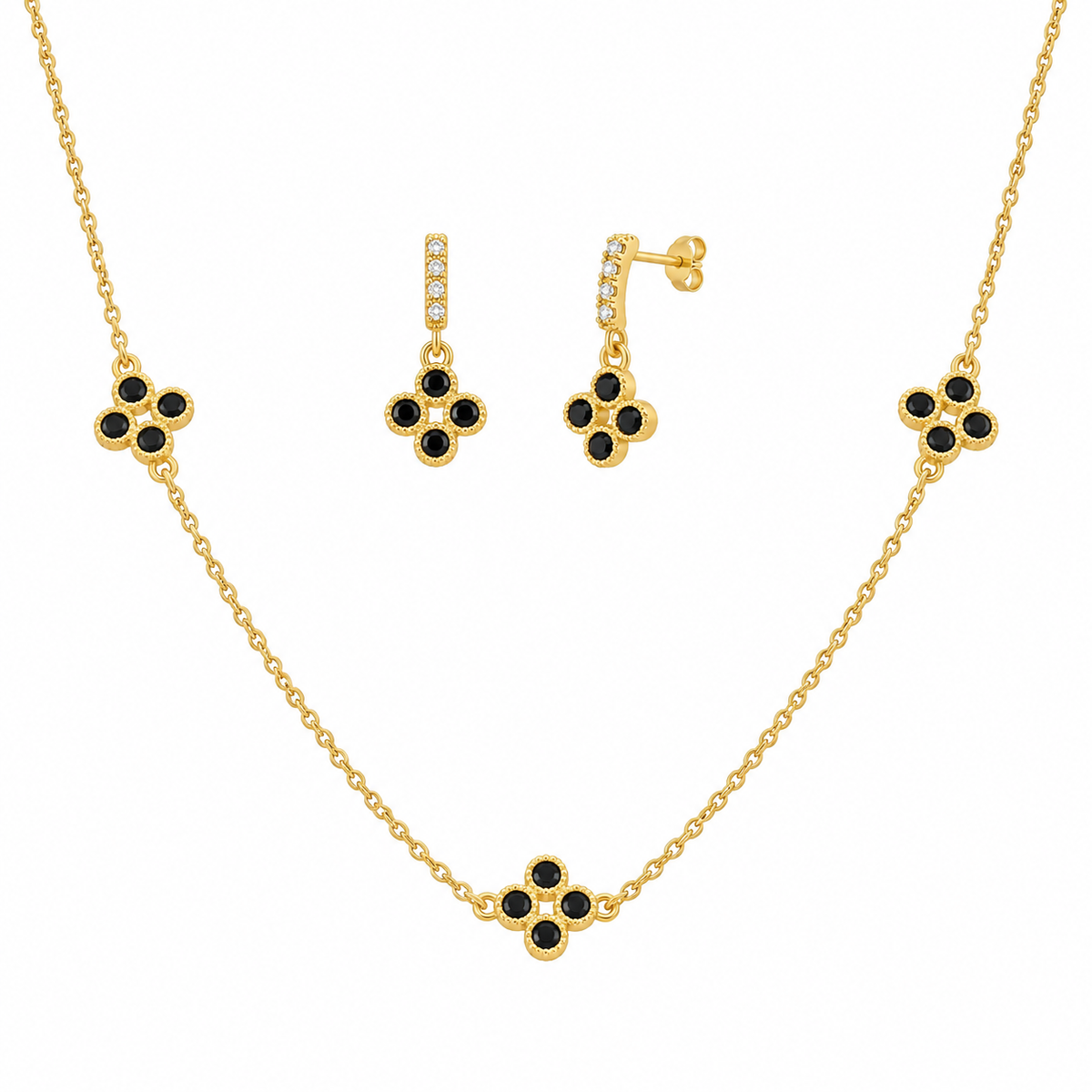 Gold Plated 925 Sterling Silver Black CZ Dangle Earring and Lariat Necklace Set - BGS00426