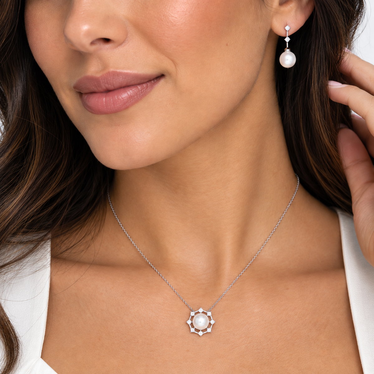 Final Price- Rhodium Plated 925 Sterling Silver Pearl Drop & Clear CZ Hanging Stud Earring and Necklace Set - BGS00451