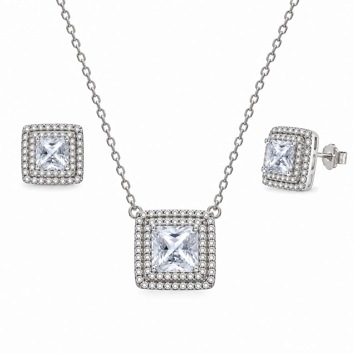 Rhodium Plated 925 Sterling Silver Square CZ Cluster Birthstone Earring & Pendant Set - BGS00455