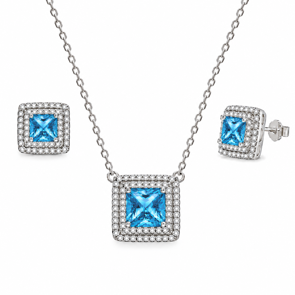 Rhodium Plated 925 Sterling Silver Square CZ Cluster Birthstone Earring & Pendant Set - BGS00455