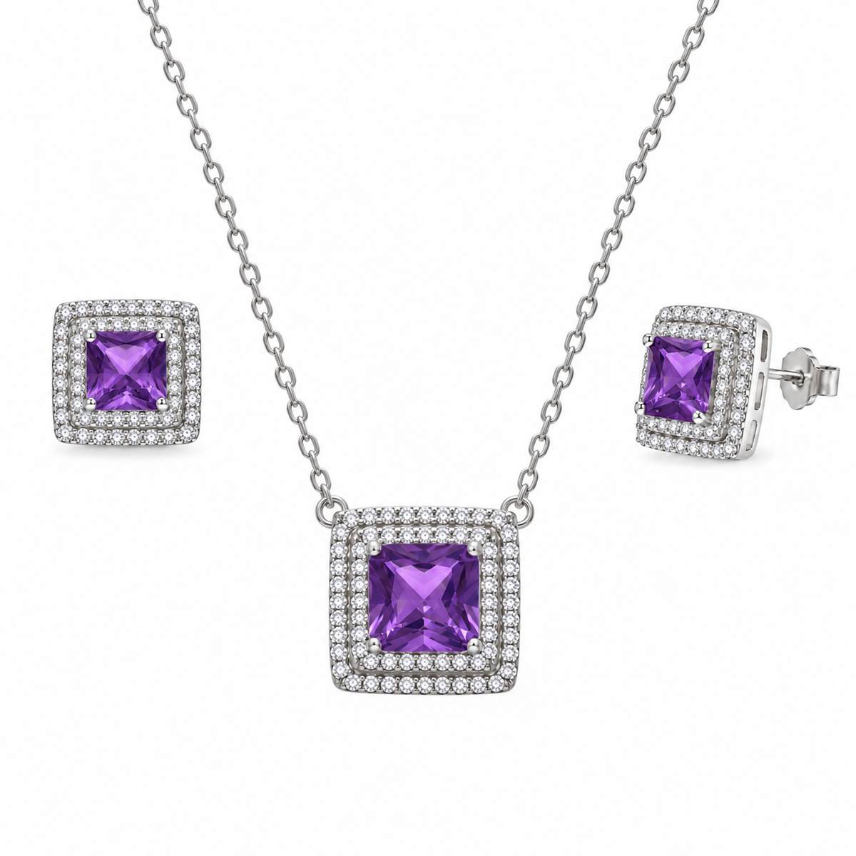 Rhodium Plated 925 Sterling Silver Square CZ Cluster Birthstone Earring & Pendant Set - BGS00455