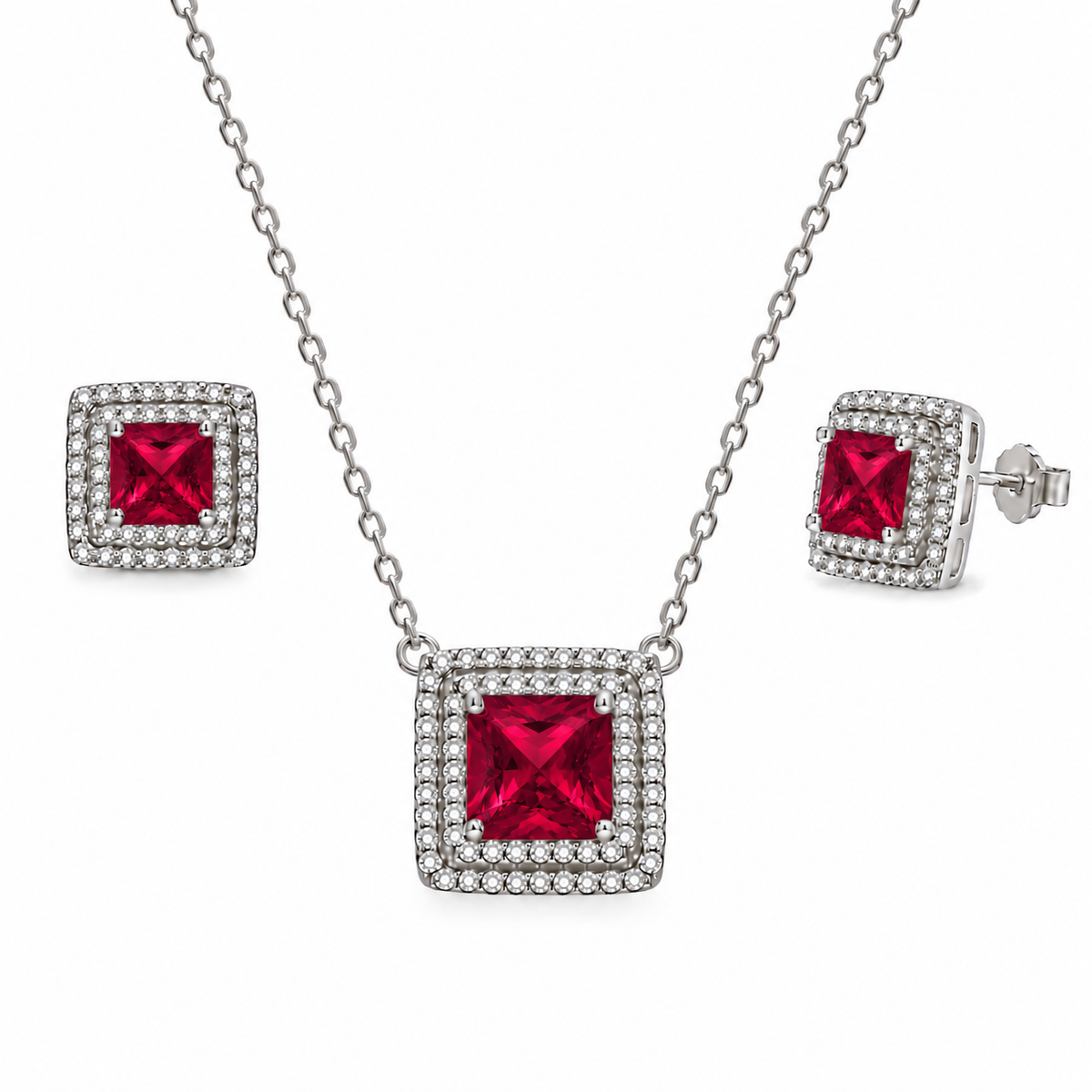 Rhodium Plated 925 Sterling Silver Square CZ Cluster Birthstone Earring & Pendant Set - BGS00455