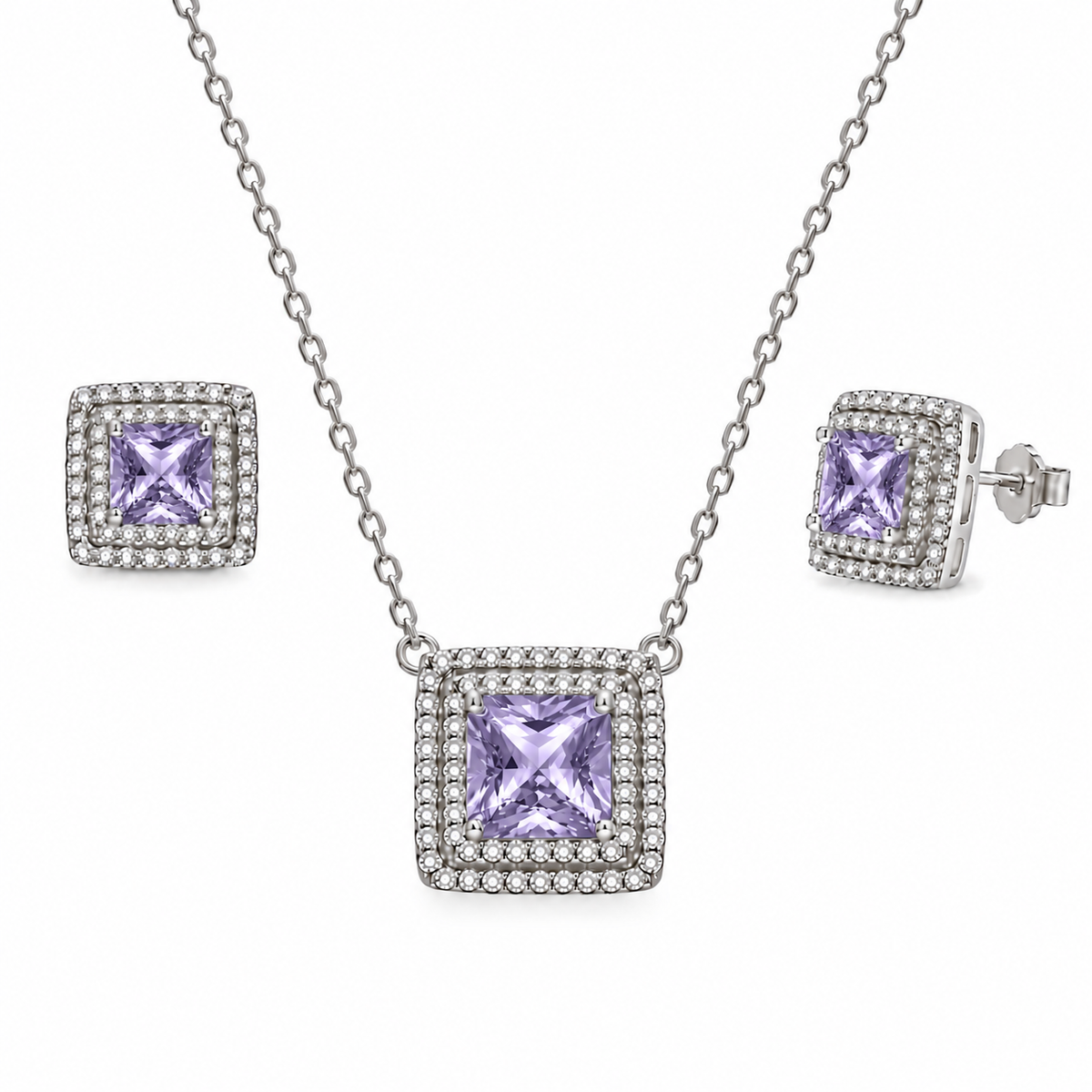 Rhodium Plated 925 Sterling Silver Square CZ Cluster Birthstone Earring & Pendant Set - BGS00455