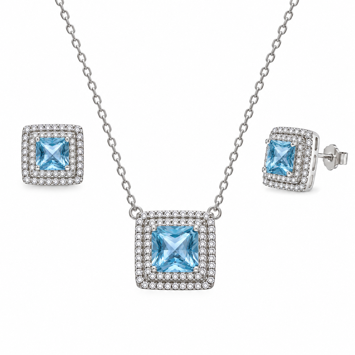 Rhodium Plated 925 Sterling Silver Square CZ Cluster Birthstone Earring & Pendant Set - BGS00455