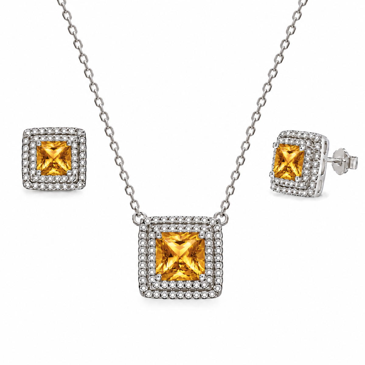 Rhodium Plated 925 Sterling Silver Square CZ Cluster Birthstone Earring & Pendant Set - BGS00455
