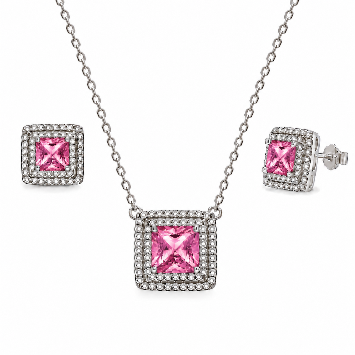 Rhodium Plated 925 Sterling Silver Square CZ Cluster Birthstone Earring & Pendant Set - BGS00455