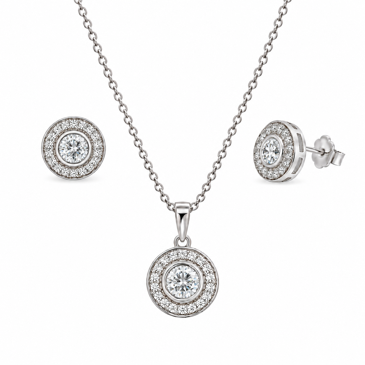 Rhodium Plated 925 Sterling Silver Halo CZ Birthstone Earring & Pendant Sets - BGS00481