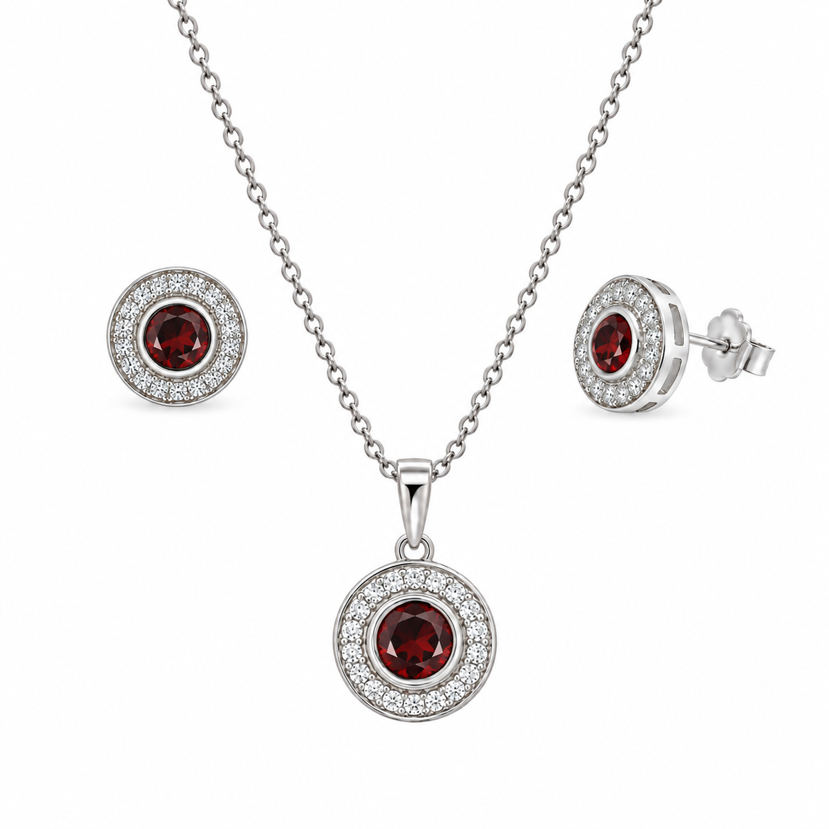 Rhodium Plated 925 Sterling Silver Halo CZ Birthstone Earring & Pendant Sets - BGS00481