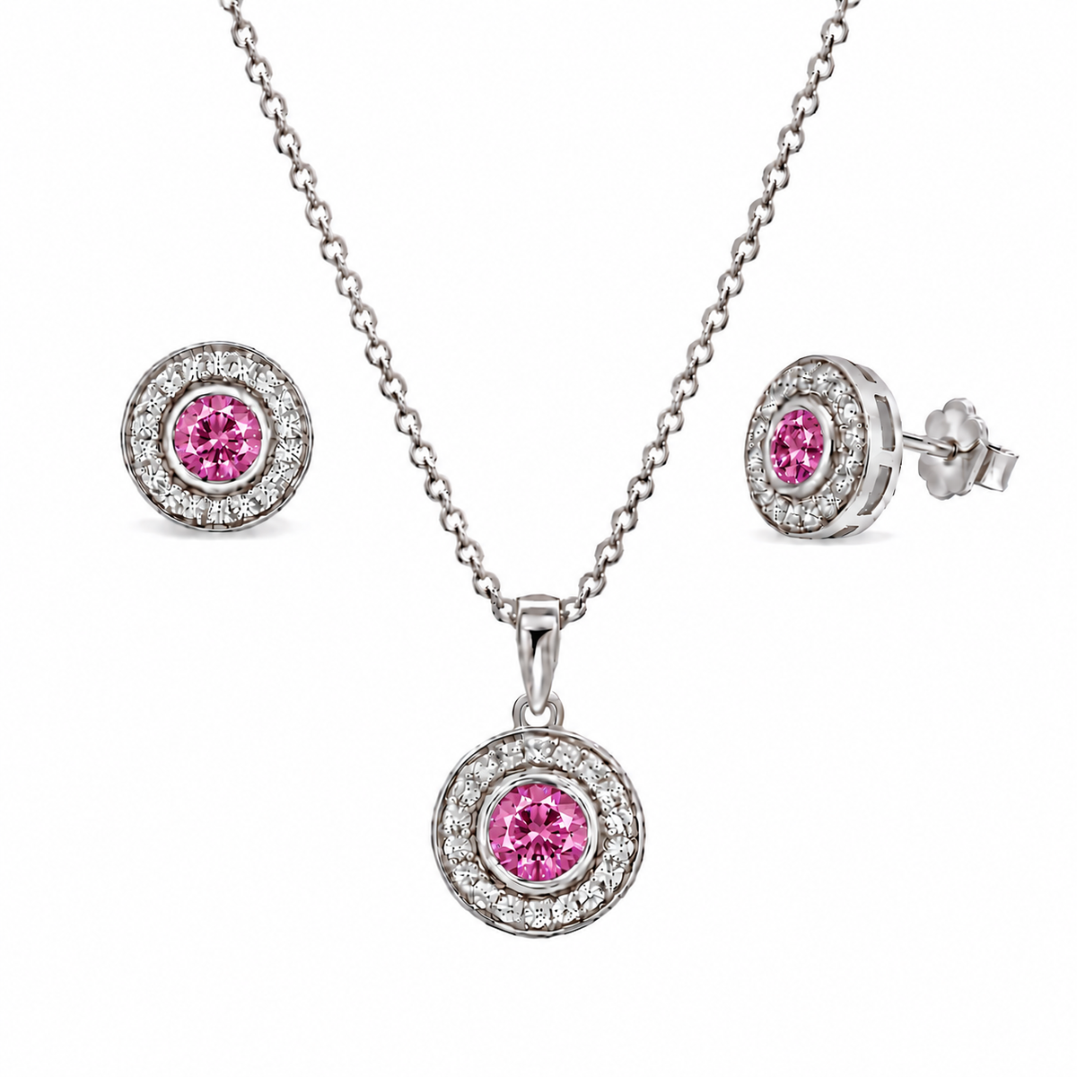 Rhodium Plated 925 Sterling Silver Halo CZ Birthstone Earring & Pendant Sets - BGS00481
