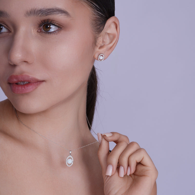 Rhodium Plated 925 Sterling Silver Synthetic Opal Center Open Oval CZ Set - BGS00587