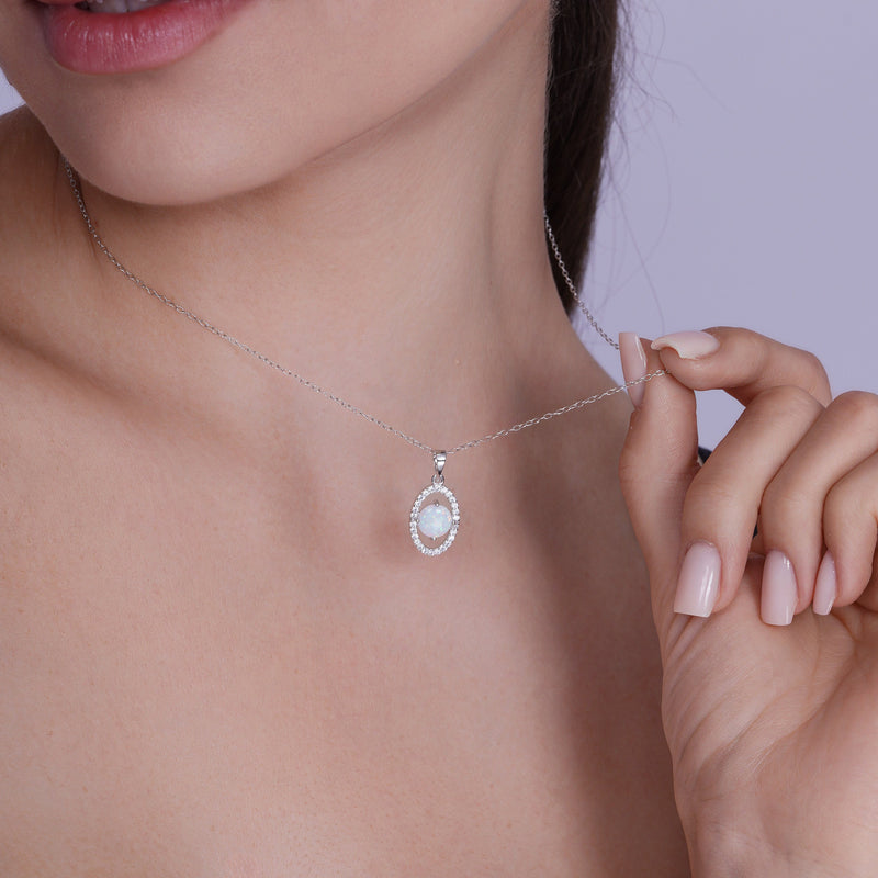 Rhodium Plated 925 Sterling Silver Synthetic Opal Center Open Oval CZ Set - BGS00587