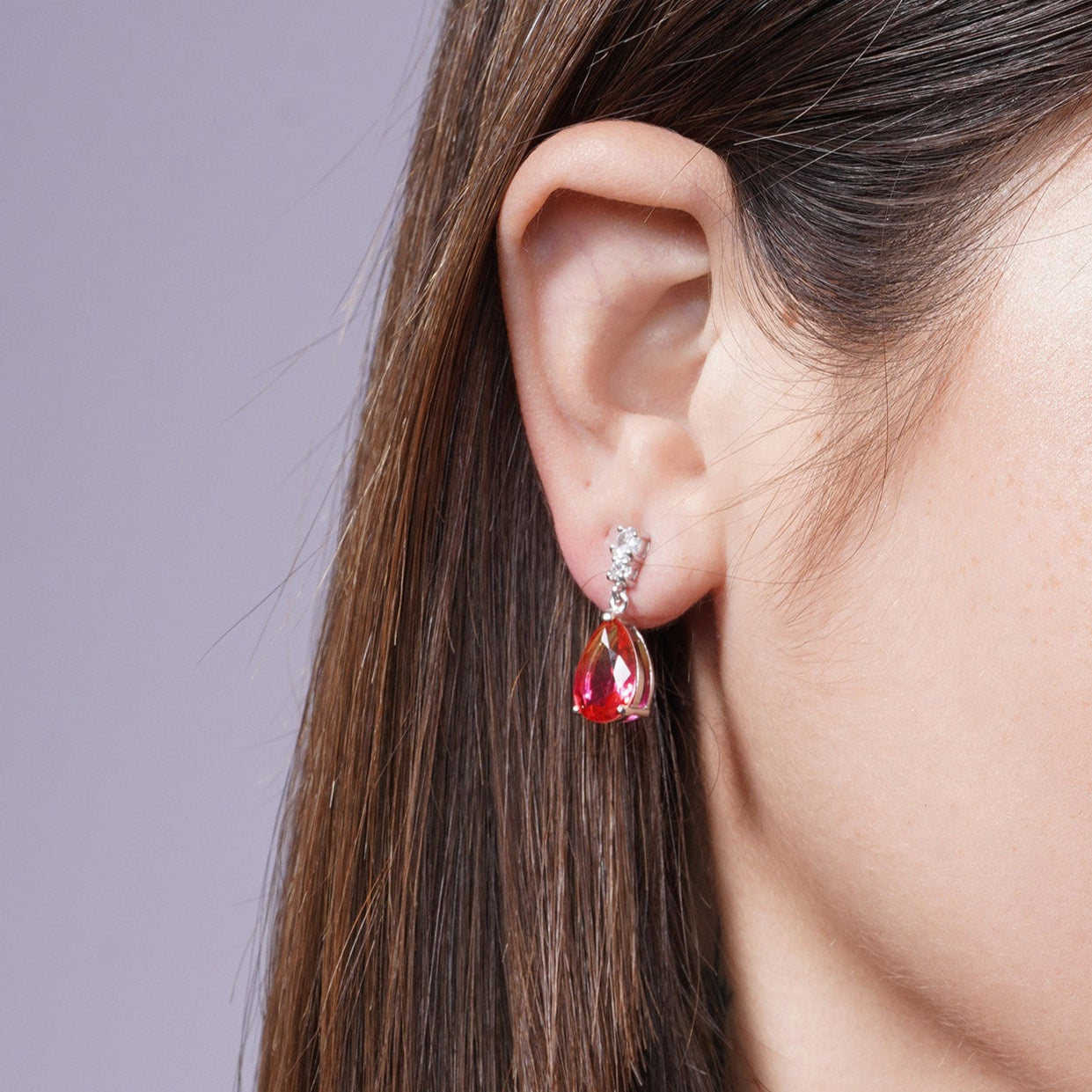 Conjunto de lágrima de circonitas rosa y naranja con degradado en plata de ley 925 rodiada - BGS00590