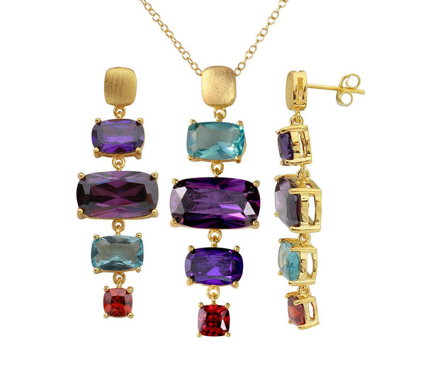 Gold Plated 925 Sterling Silver Dangling Multi Color Baguette Cut CZ Necklace and Stud Earring - BGS00631