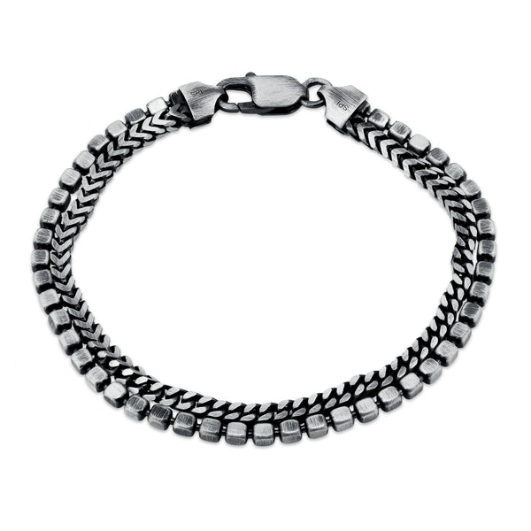 925 Sterling Gun Metal Plated Two Strand 3mm Franco and 2.9mm Cube Link Bracelet - BSB0004