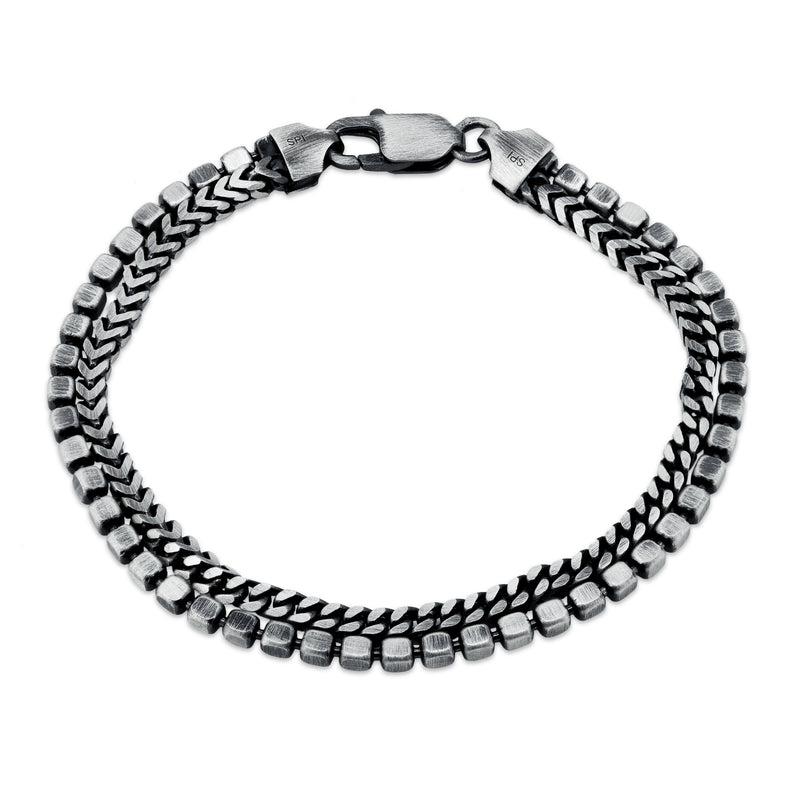 925 Sterling Gun Metal Plated Two Strand 3mm Franco and 2.9mm Cube Link Chain Bracelet - BSB0004