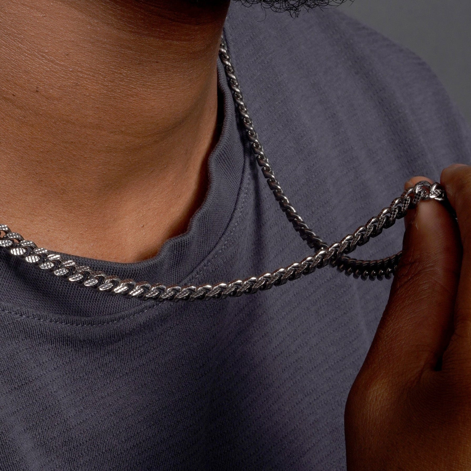 925 Sterling Silver Curb Pyramid Pave Chain or Bracelet