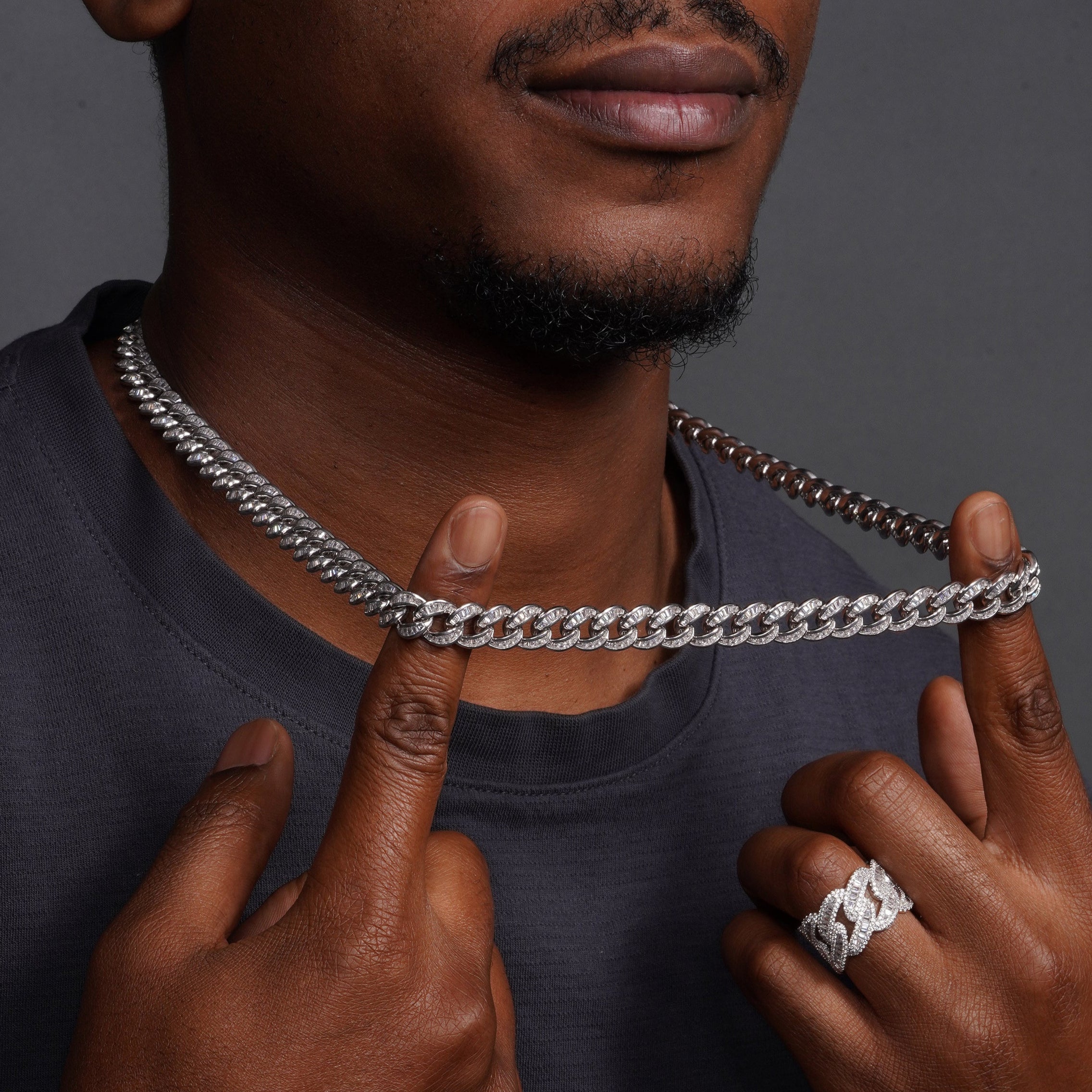 Rhodium Plated 925 Sterling Silver Baguette CZ Encrusted Curb Chain or Bracelet 10.9mm - CHCZ116 RH