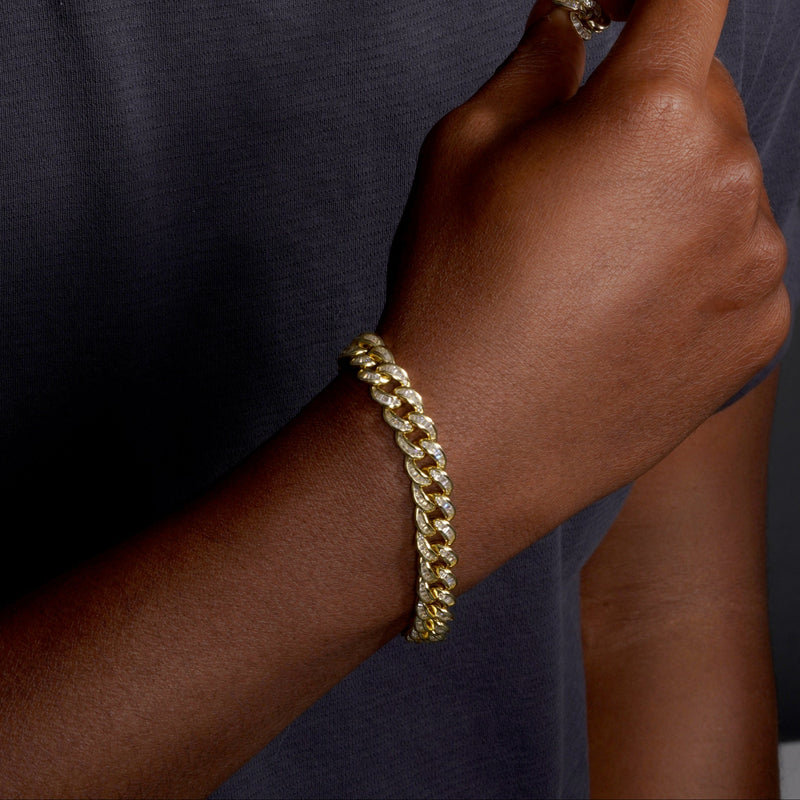 Gold Plated 925 Sterling Silver Baguette CZ Encrusted Curb Chain or Bracelet 10.9mm - CHCZ116 GP