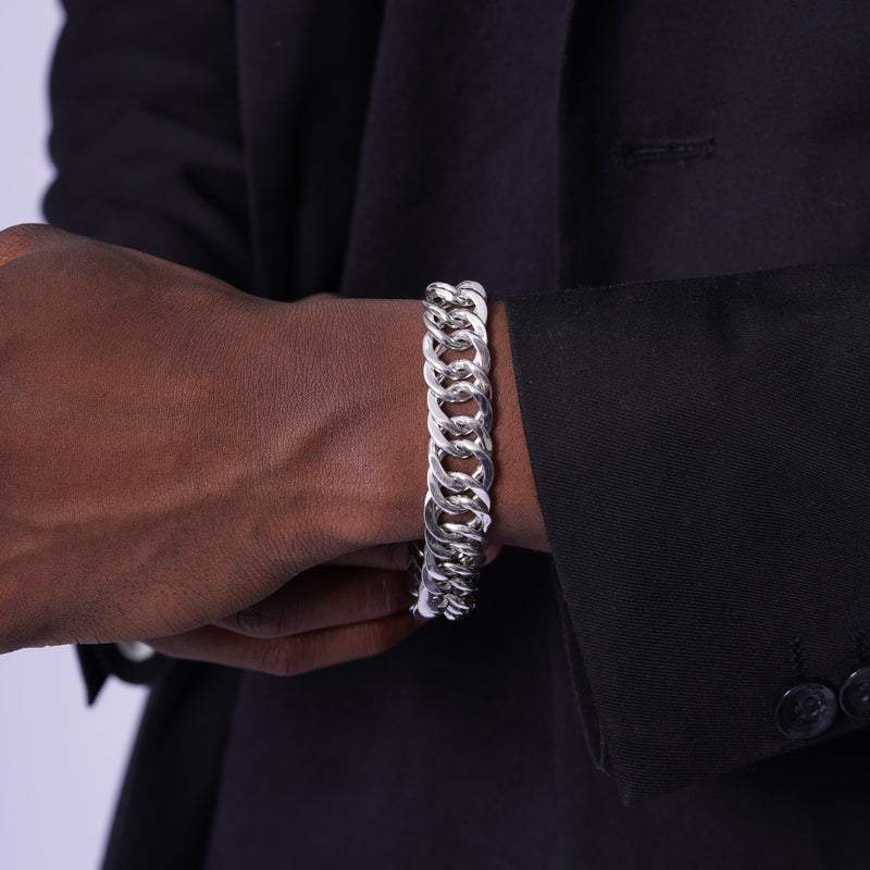 Rhodium Plated 925 Sterling Silver Double Curb Link Bracelet 13.4mm  - CSLB00004