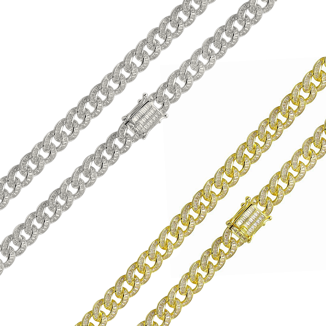 925 Sterling Silver Baguette CZ Encrusted Curb Chain or Bracelet