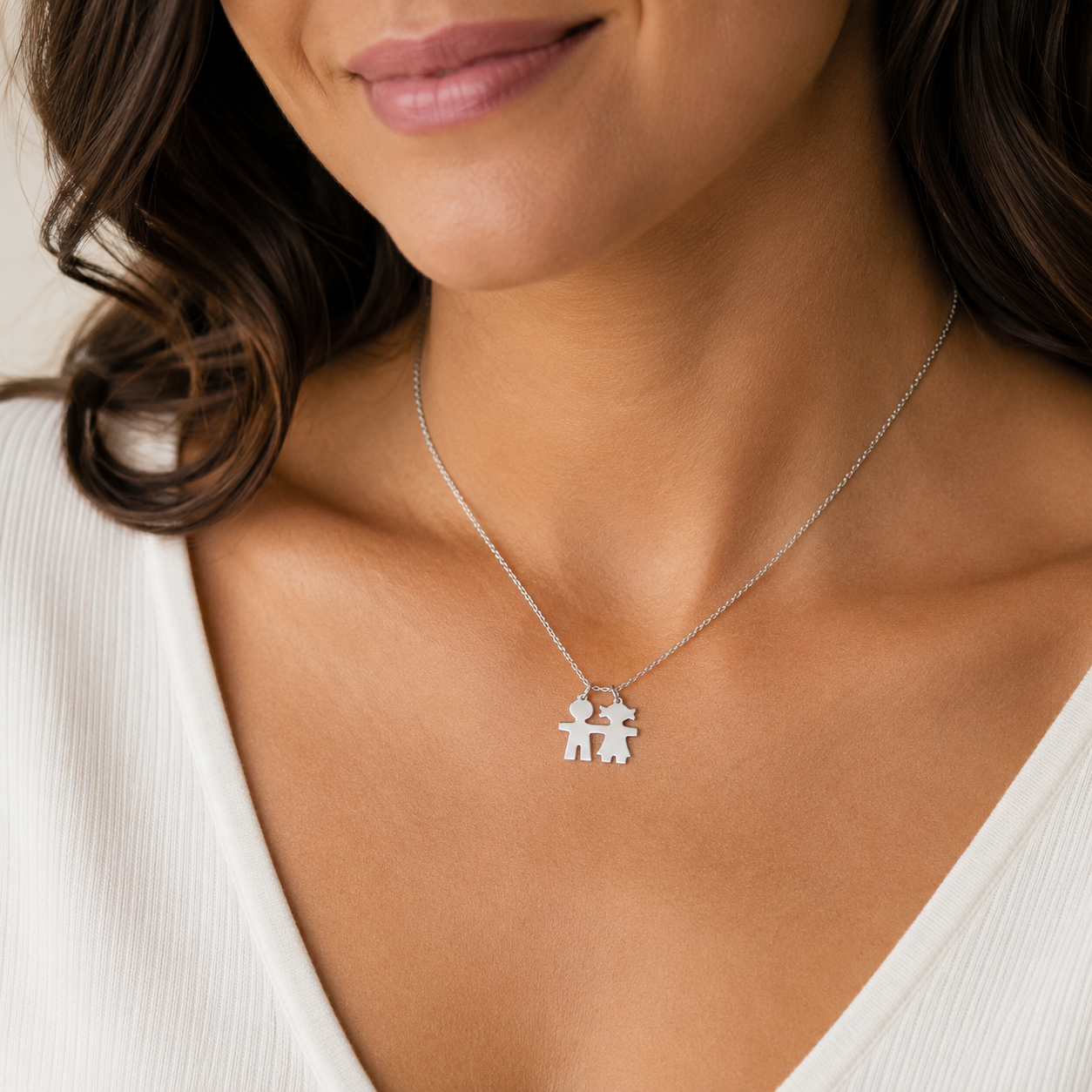 Rhodium Plated 925 Sterling Silver Boy & Girl  Engraveable Family Pendant Necklace - DIN00063RH | DIN00064RH | DIN00104RH | DIN00104GP