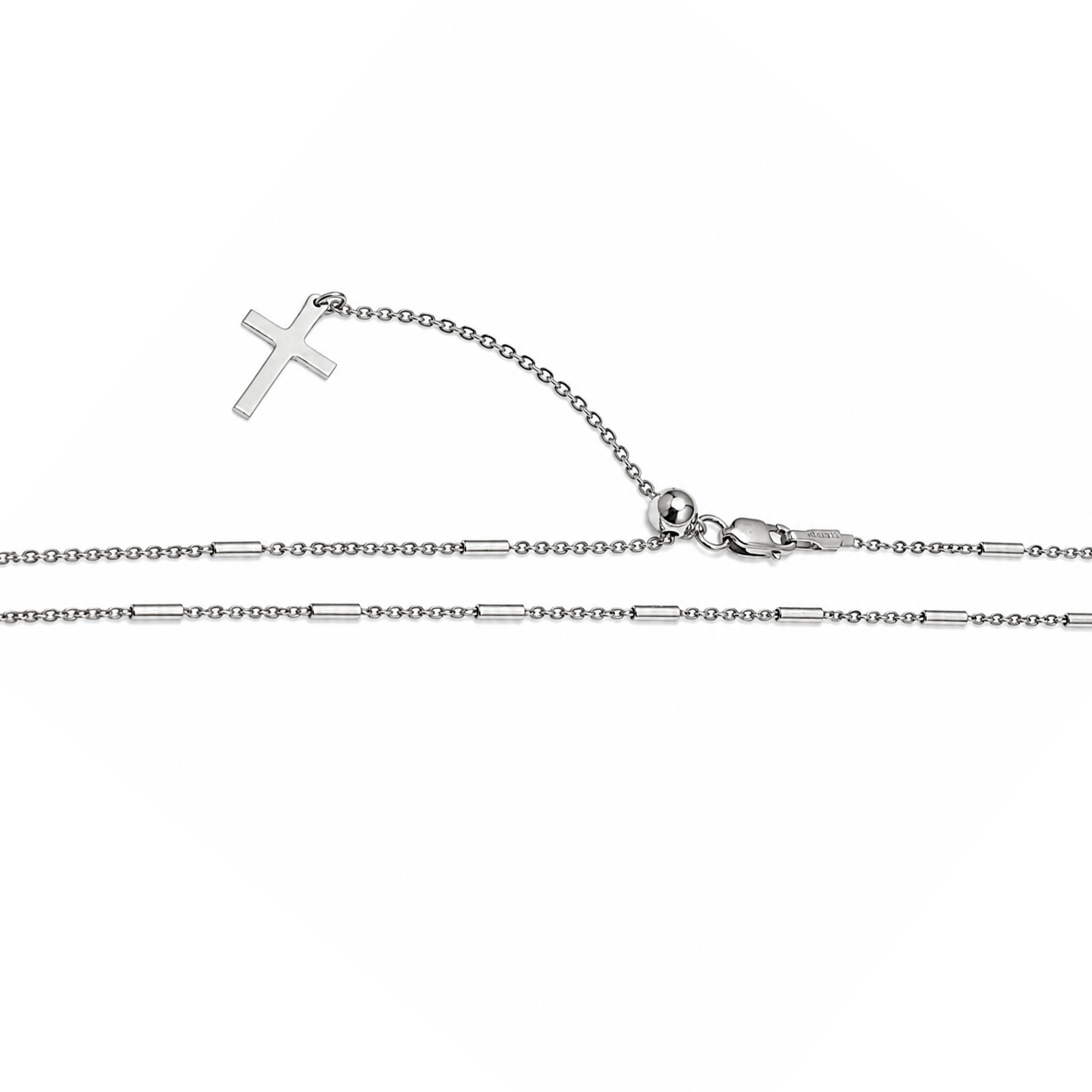 Rhodium Plated 925 Sterling Silver Cross Slider Tube Chain with Cross Dangle Necklace - DIN00065RH