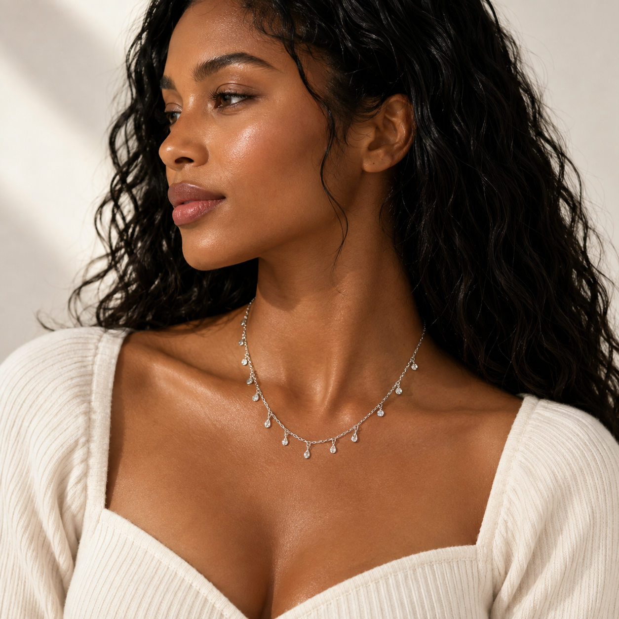 Rhodium Plated 925 Sterling Silver Dangling Circle Confetti Necklace - DIN00081RH