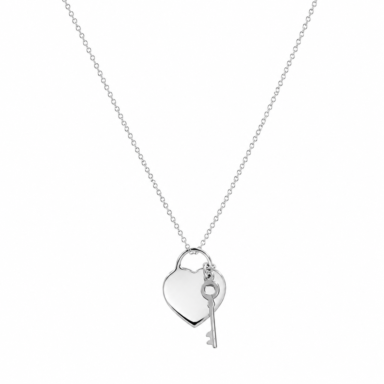 Rhodium Plated 925 Sterling Silver Danty Heart With Key Pendant Necklace - DIN00105RH