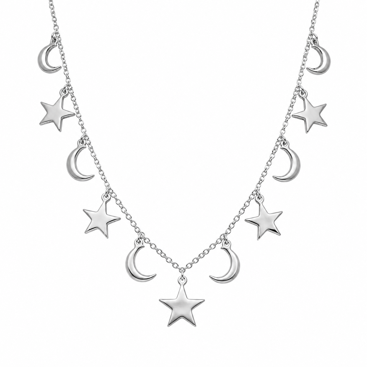 Collar de cadena con estrella y luna colgante de plata de ley 925 rodiada - DIN00106RH