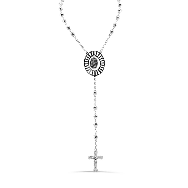 High Polished 925 Sterling Diamond Cut Beads Virgin Mary Cross Rosary Necklace - DIN00112