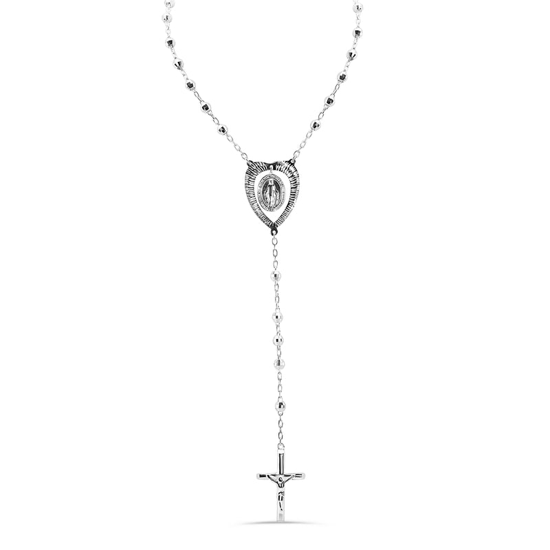 High Polished 925 Sterling Diamond Cut Beads Heart Virgin Mary Cross Rosary Necklace - DIN00113