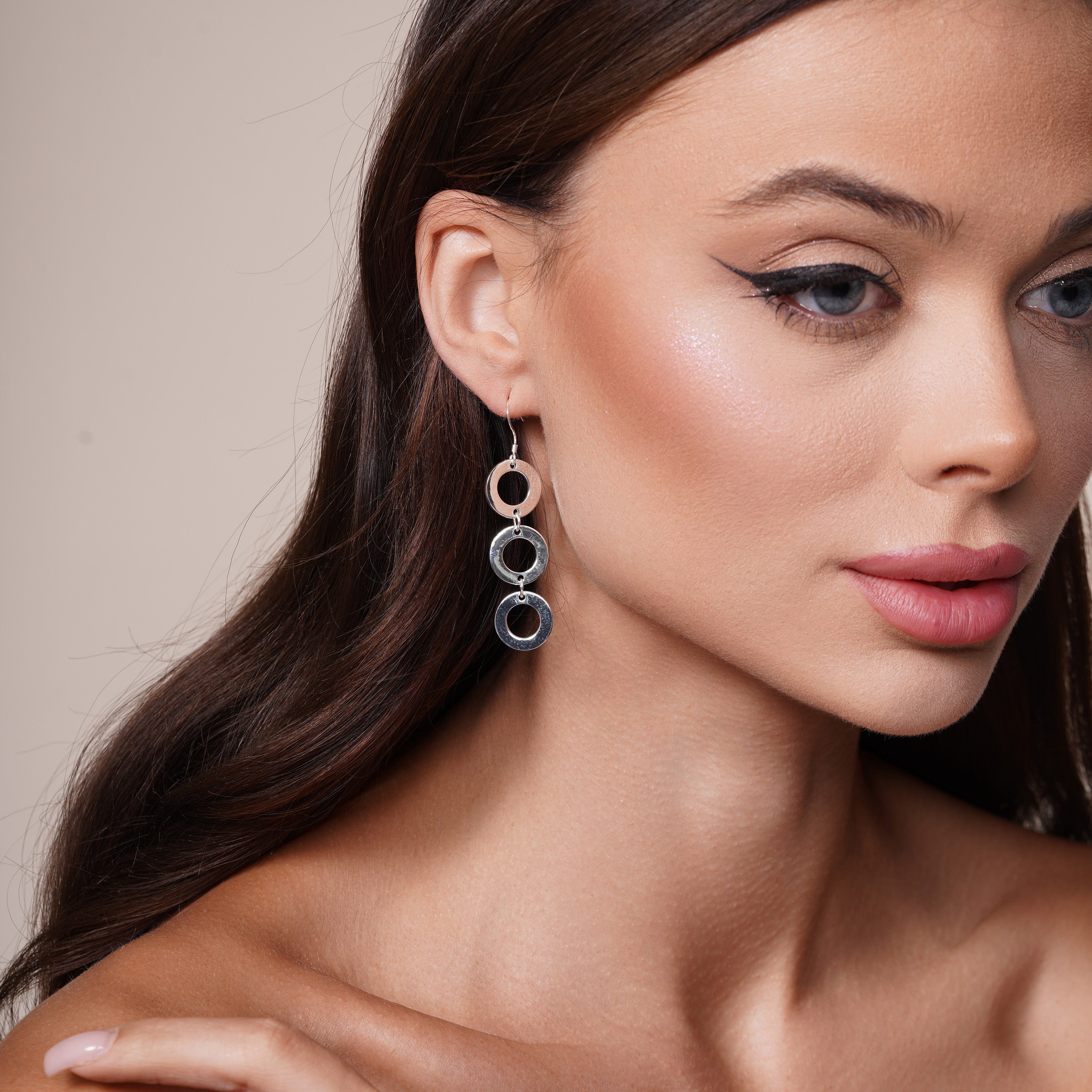 Silver 925 Rhodium Plated Three Open Circle Dangling Hook Earrings - DSE00021