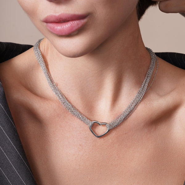 Collar de cadena múltiple con corazón abierto chapado en rodio en plata 925 - DSP00001