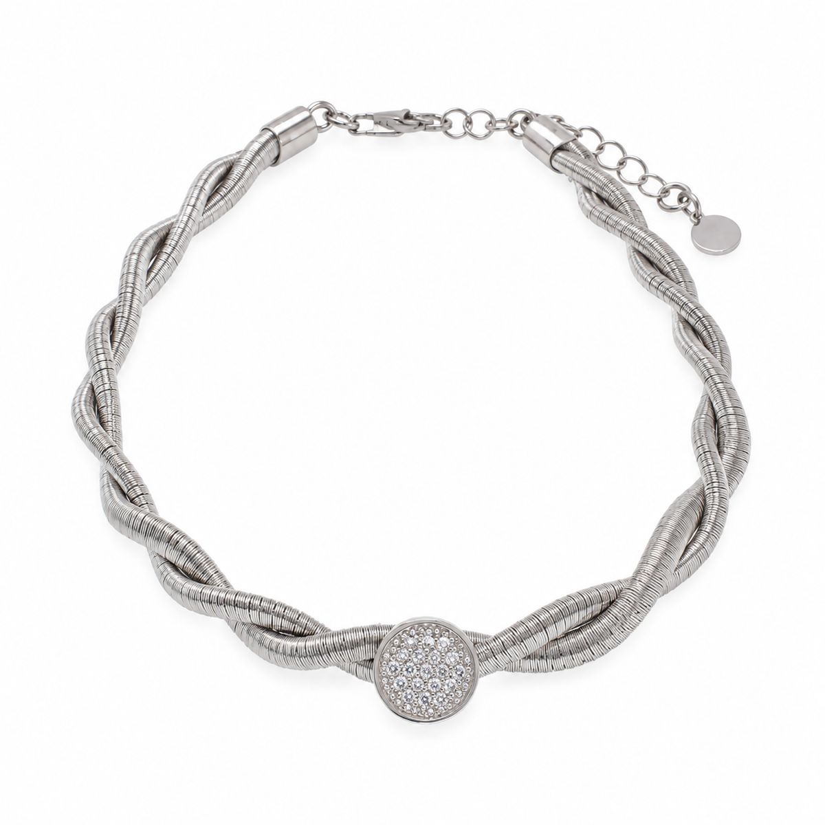 Clearance-Rhodium Plated 925 Sterling Silver CZ Pave Disc Braided Italian Bracelet - ECB00011