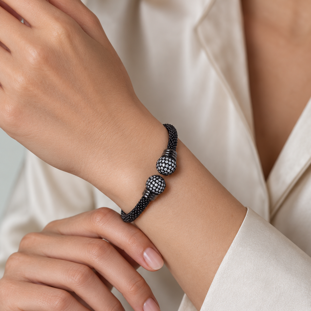 Clearance-Black Rhodium Plated 925 Sterling Silver Open Ended CZ Pave Bead Textured Italian Cuff Bracelet - ECB00078