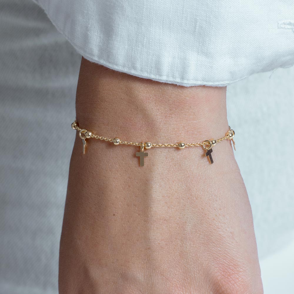 Pulsera de plata de ley 925 bañada en oro con cadena de cuentas y cruz - ECB00128GP