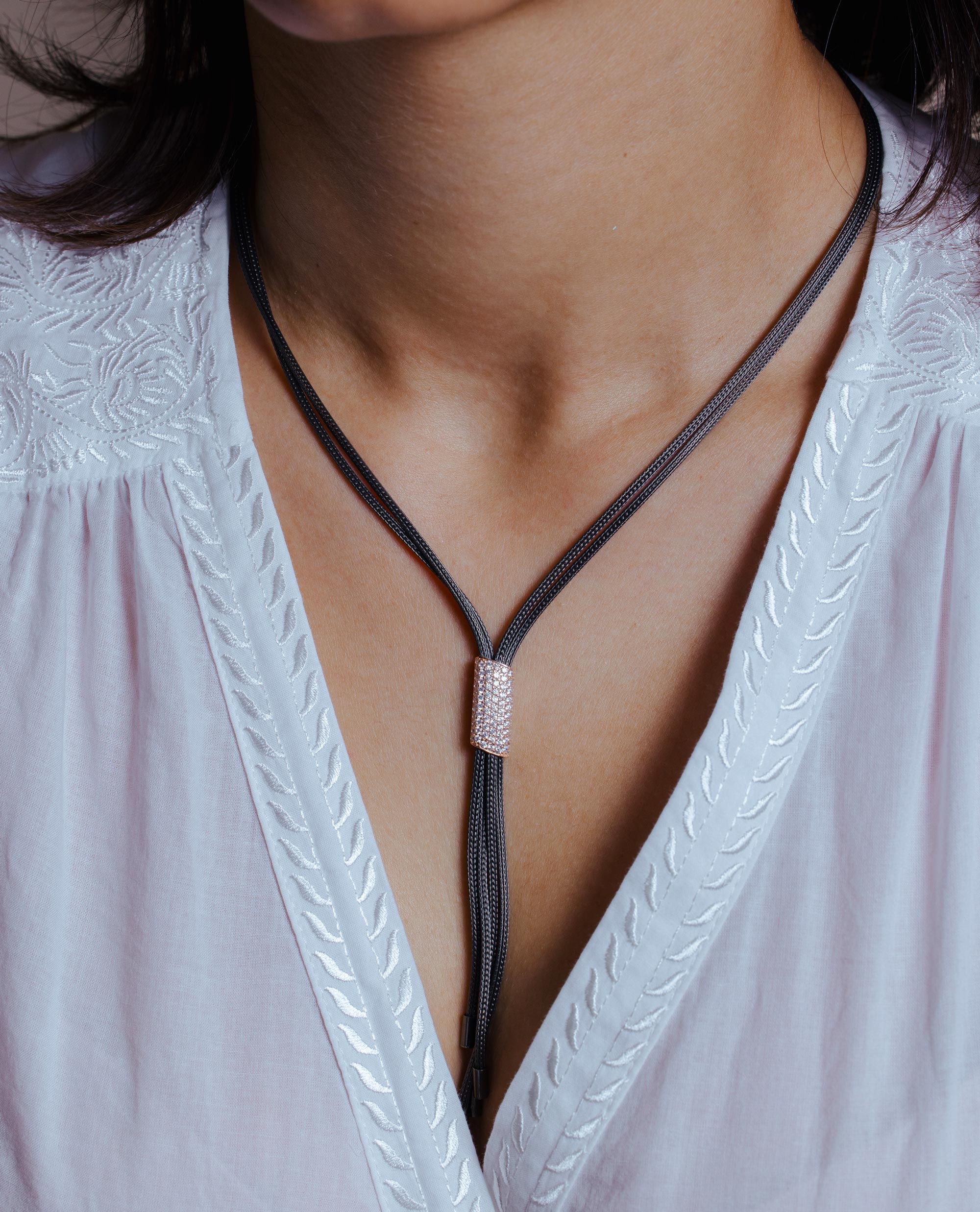 Silver 925 Black Rhodium Plated Multi Strands Rose Gold CZ Encrusted Bar Lariat Italian Necklace - ECN00005BR