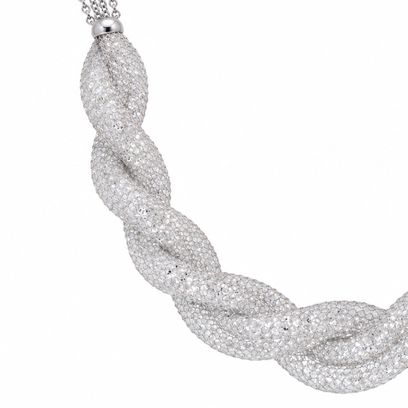 Clearance - Rhodium Plated 925 Sterling Silver Braided CZ Mesh Italian Necklace - ECN00011RH