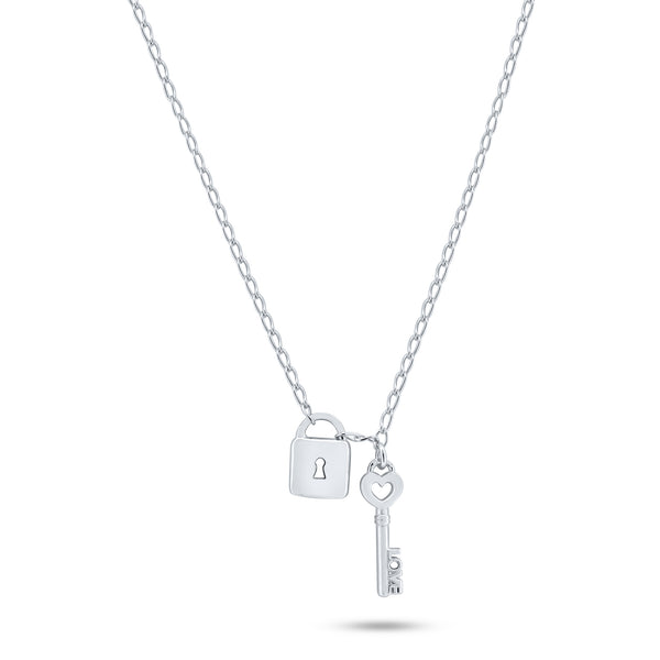 Silver 925 Rhodium Plated Love Key and Lock Necklace - ECN00070RH