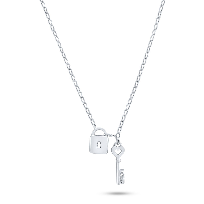 Silver 925 Rhodium Plated Love Key and Lock Necklace ECN00070RH