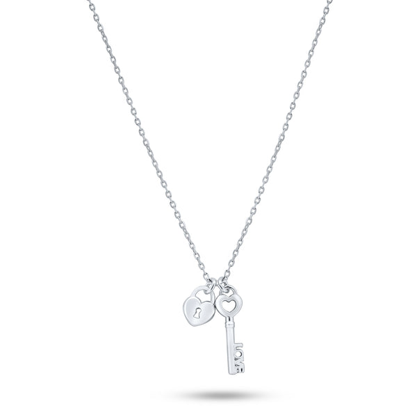 Silver 925 Rhodium Plated Small Love Key and Heart Lock Necklace - ECN00071RH