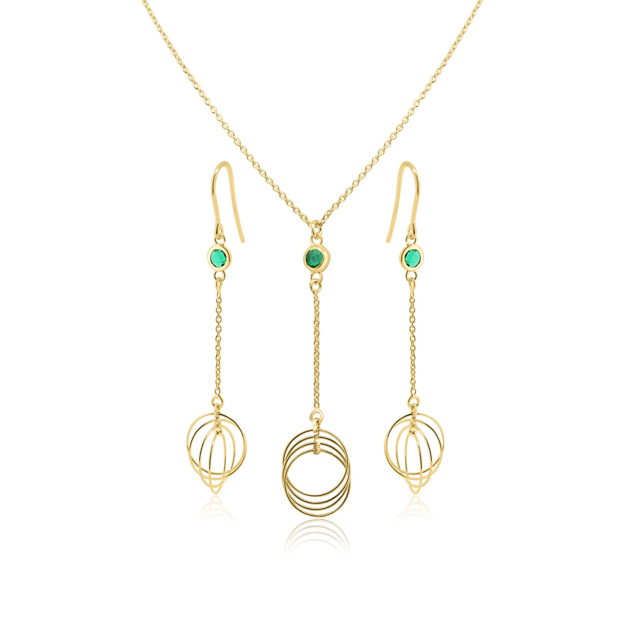 Gold Plated 925 Sterling Silver Dangling with Green CZ Set - ECS00001GP