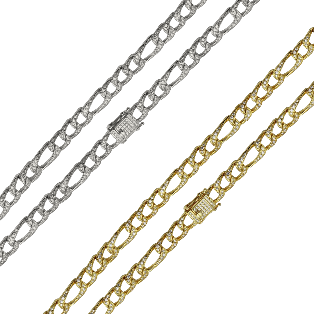 925 Sterling Silver CZ Encrusted Figaro Chain or Bracelet